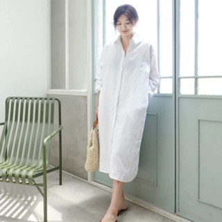 Váy Đầm Sơ Mi Suông Trơn Xẻ Tà Cài Nút Tay Bí Lỡ Có Túi Công Sở Thanh Lịch - D11495