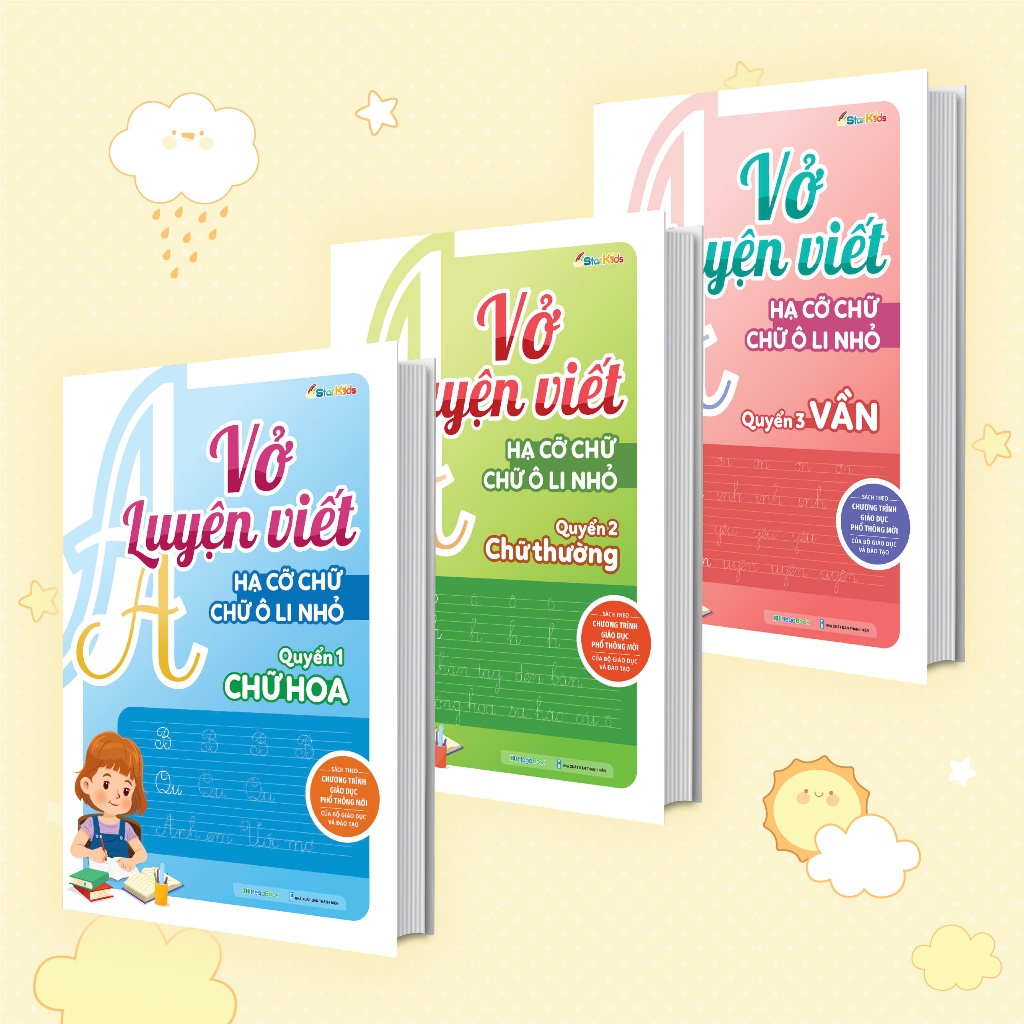 Combo Sách Vở luyện viết hạ cỡ chữ - chữ ô li nhỏ - vần, chữ hoa, chữ thường (3 cuốn)