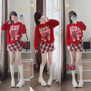 Set đồ nữ - Áo thun hoodie in chữ mix với chân váy chữ A kẻ caro năng động cá tính cho các nàng diện tết, noel Gin62
