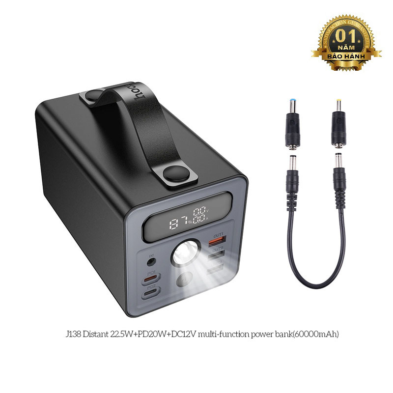 Sạc dự phòng Hoco J138 60000mAh QC 22.5W TypeC PD 20W, DC 12V, LCD báo dòng, Đèn pin - tặng cáp 12V