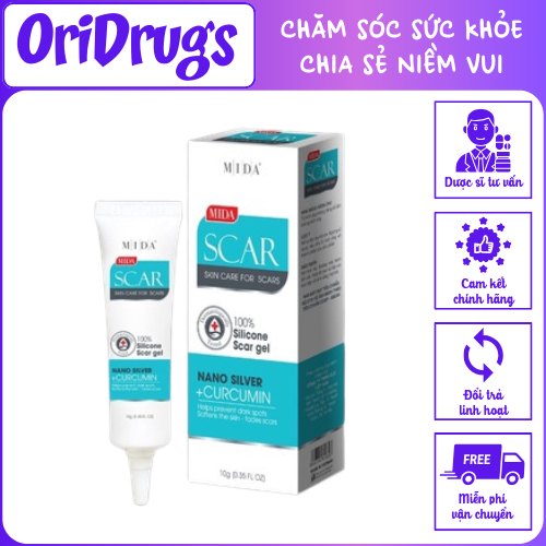 Kem ngăn ngừa sẹo MIDA SCAR (NANO SILVER + CURCUMIN) tuýp 15g, 100% Slicone Scar gel