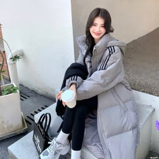 Áo phao béo Hàn Quốc dáng dài phối viền kẻ tay mũ tháo được siêu ấm