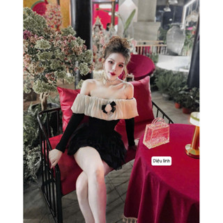 Set áo trễ vai phối tơ ngực kèm hoa trà chân váy tầng xinh lắm