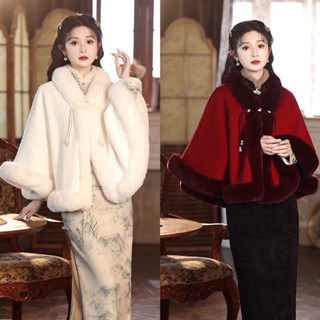 Áo choàng nhung phối cổ lông cừu nhân tạo cho mùa đông phụ kiện sườn xám