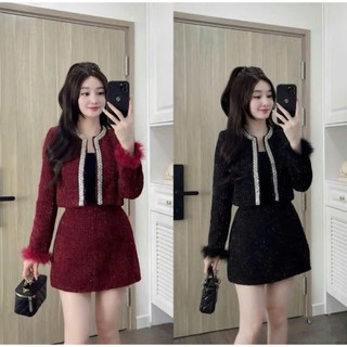  Set dạ tweed nữ nhũ kim sa viền ngọc tay lông kèm chân váy dạ dáng ngắn tiểu thư mùa đông 