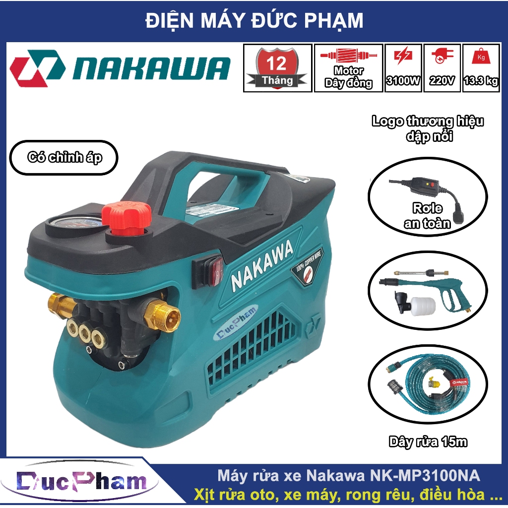  Máy rửa xe Nakawa NK-MP3100NA   có chỉnh áp   | Motor dây đồng | Logo thương hiệu dập nổi 