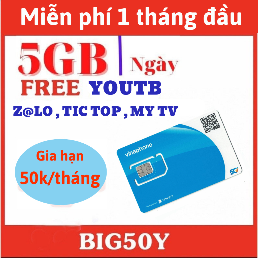 [  1 TỶ GB ] Sim 5G Big50Y Đăng Ký CHỉ 50K/Tháng Gia Hạn Cực Rẻ Vào Mạng Tẹt Ga Sẵn 1 Tháng Đầu
