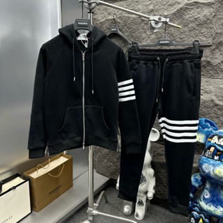 Bộ quần áo nỉ lông cừu dài tay thể thao nam Thom Browne dệt mũ liền tay và đùi thêu 4 sọc quấn quanh lót viền 3 màu