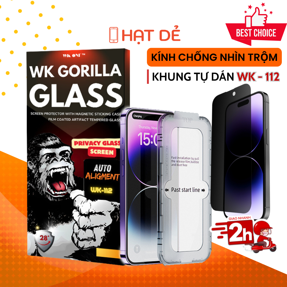 Kính cường lực Khung tự dán Chống Nhìn Trộm Full Màn 4D WK ONE WK-112 cho iphone 11/12/13/14/15/16/Pro/Plus/Pro Max