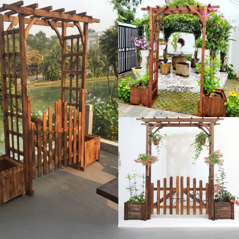 Cổng Chào Sân Vườn, Quán Café Homestay, Cổng Gỗ Trang Trí Lối Đi Treo Chậu Hoa Cây Cảnh Cực Đẹp Bằng