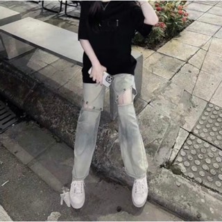 Quần jean nữ phối xích gối wash loang màu hottrend 2025_ quần bò nữ girl phố phối xích gối 2 màu xanh đen.