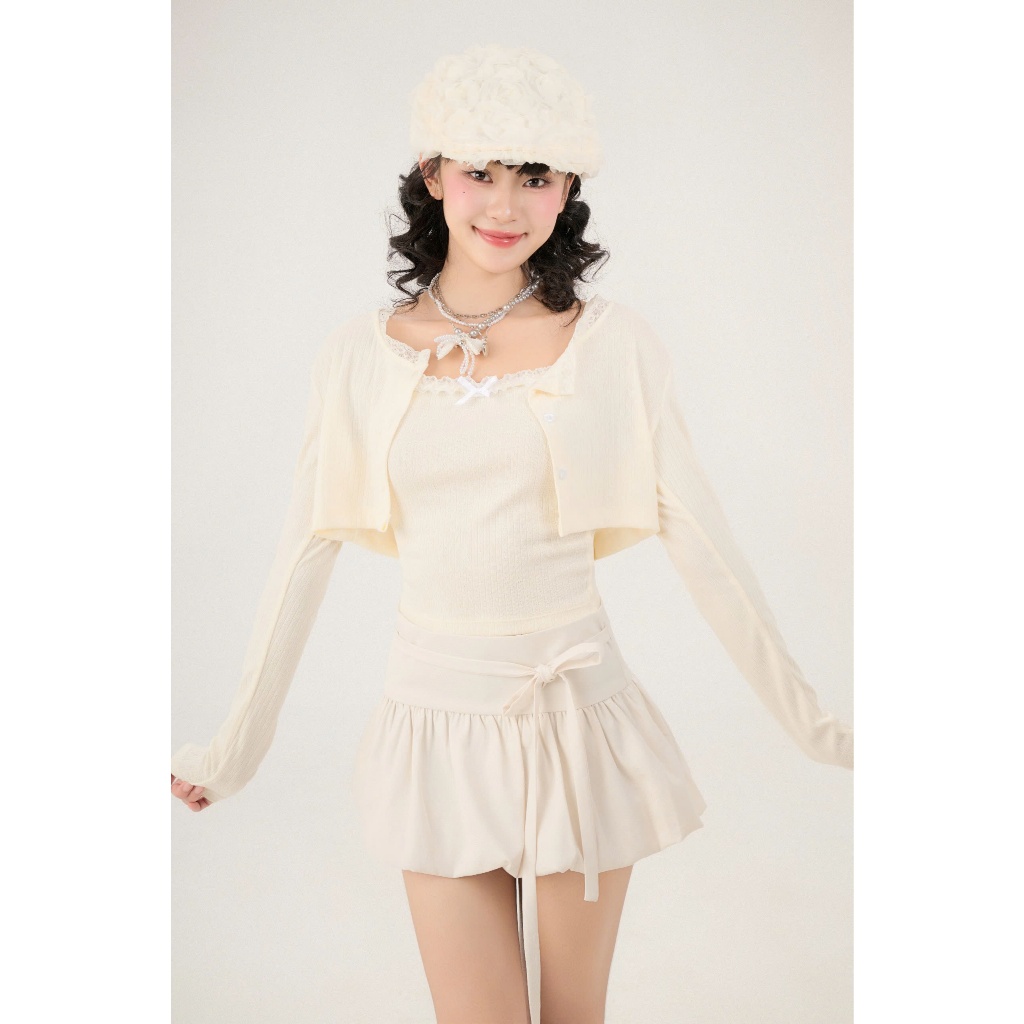 AREUM ÁO Tay Dài BUDDIES Cổ Viền Ren (Áo hai dây + Áo khoác ngoài) | BigBuy360 - bigbuy360.vn