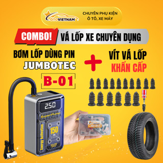 Combo vá lốp xe không ruột: Bơm Lốp Ô Tô, Xe Máy Jumbotec B-01 Dùng PIN + Bộ Vít Vá Lốp Khẩn Cấp