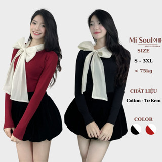  Áo Thun Cotton Dài Tay Phối Cổ Nơ Tơ Kem Bánh Bèo Tiểu Thư BigSize MiSoul  Áo Dài Tay Cổ Mix Dây Nơ Điệu Đà 374 