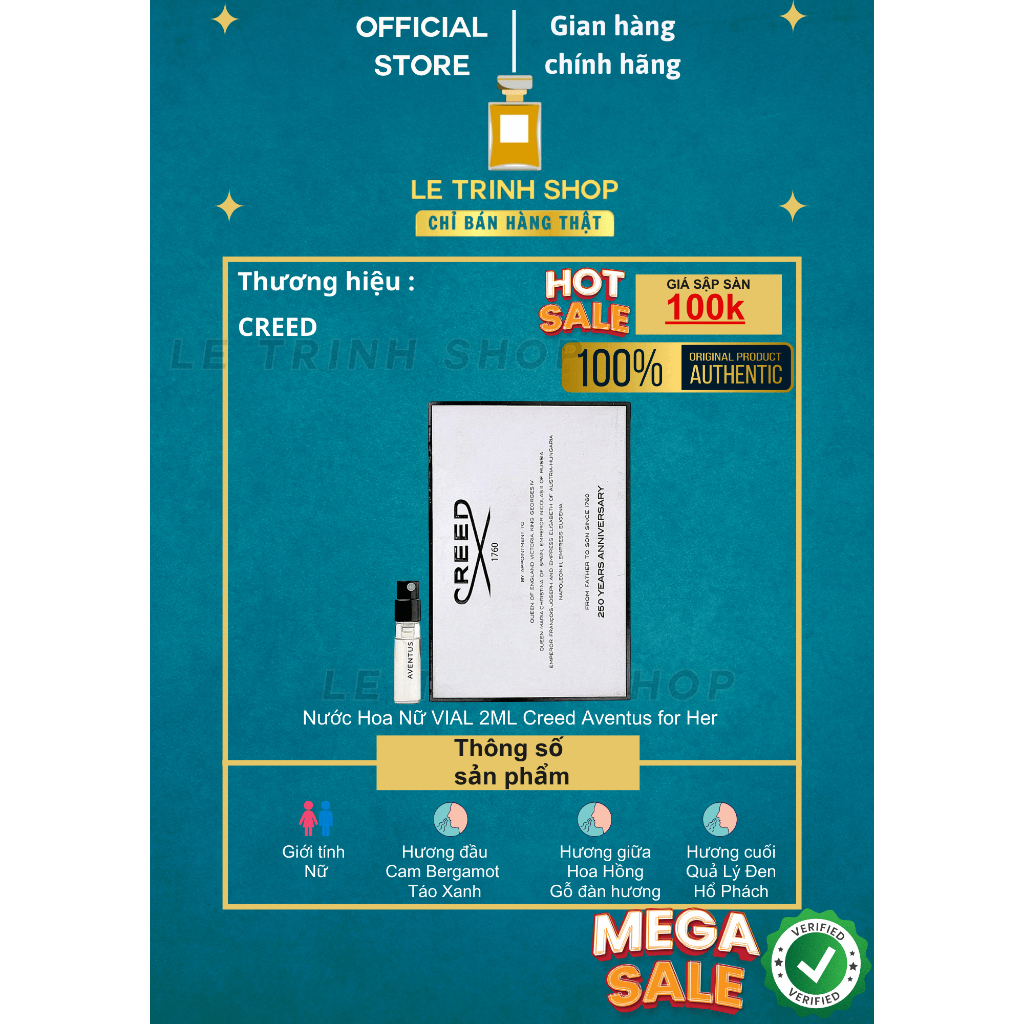 CREED + VIAL NƯỚC HOA CHÍNH HÃNG Creed Aventus for Her Vial 2ML + Nước Hoa Nữ Chính Hãng