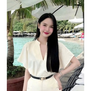 set đồ nữ áo sơ mi cổ V mix quân suông ống rộng VÀNG KEM basic, set áo sơ mi cổ tày xẻ ngực kèm quần dài thiết kế TỰ MAY