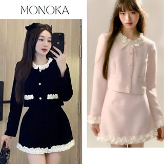  Set đồ nữ dự tiệc Áo khoác viền bèo + Chân váy ngắn chữ A có quần trong bảo hộ 2 màu hồng   dạ tweet  đen   nhung  T787G 