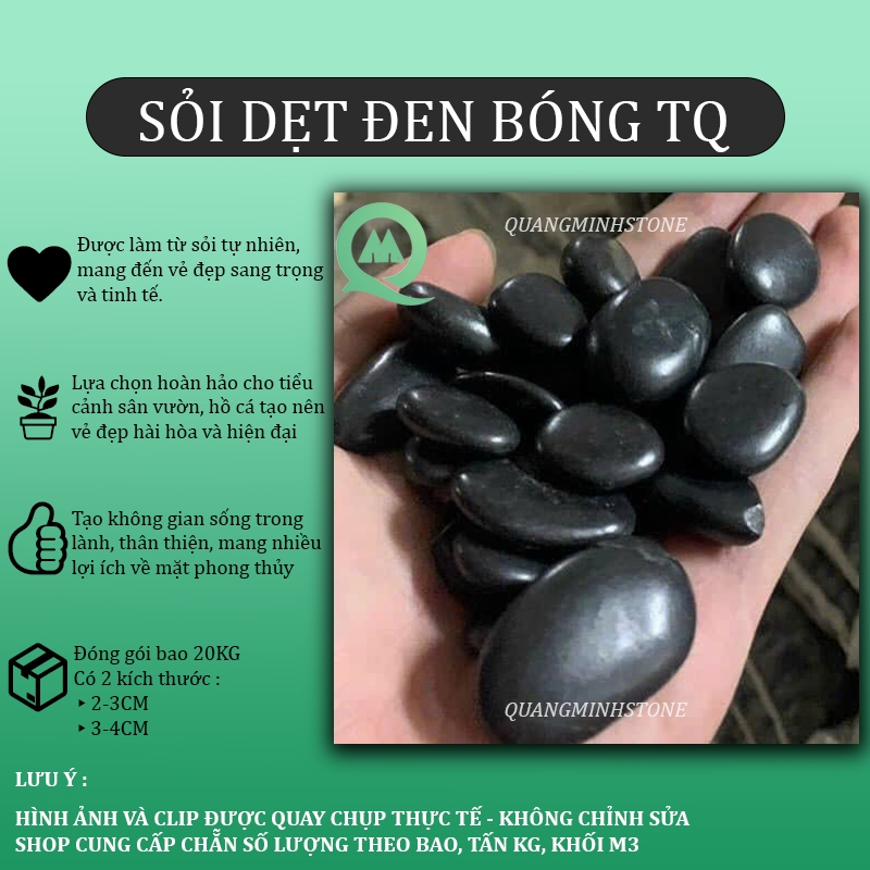 (Bao 20KG) Sỏi dẹt đen bóng nhập khẩu - Sỏi trang trí sân vườn cao cấp, sỏi nhập khảu, sỏi bóng