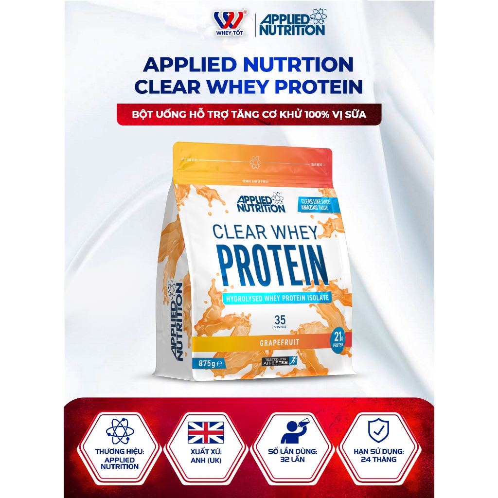 Applied Nutrition Clear Whey Protein 875g, khử 100% vị sữa, hỗ trợ tăng cơ giảm mỡ