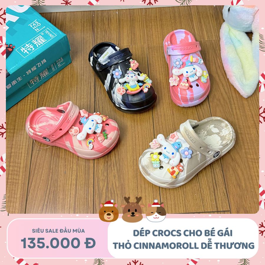 Dép Bé Gái Sticker Thỏ Cinnamoroll Crocs Bé Gái 3-10 Tuổi Đế EVA Chống Trơn Tốt Siêu Bền Nhẹ Ôm Chân