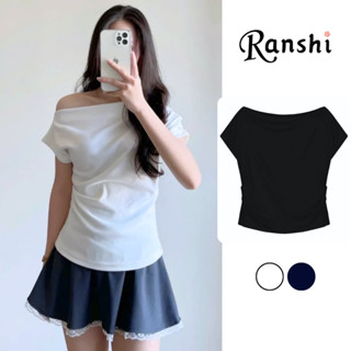 Áo Thun Lệch Vai Xếp Ly RANSHI Áo Kiểu Sườn Nhún Eo Điệu Đà, Áo Phông Form Vừa Chất Vải Co Dãn Mềm Mịn T075