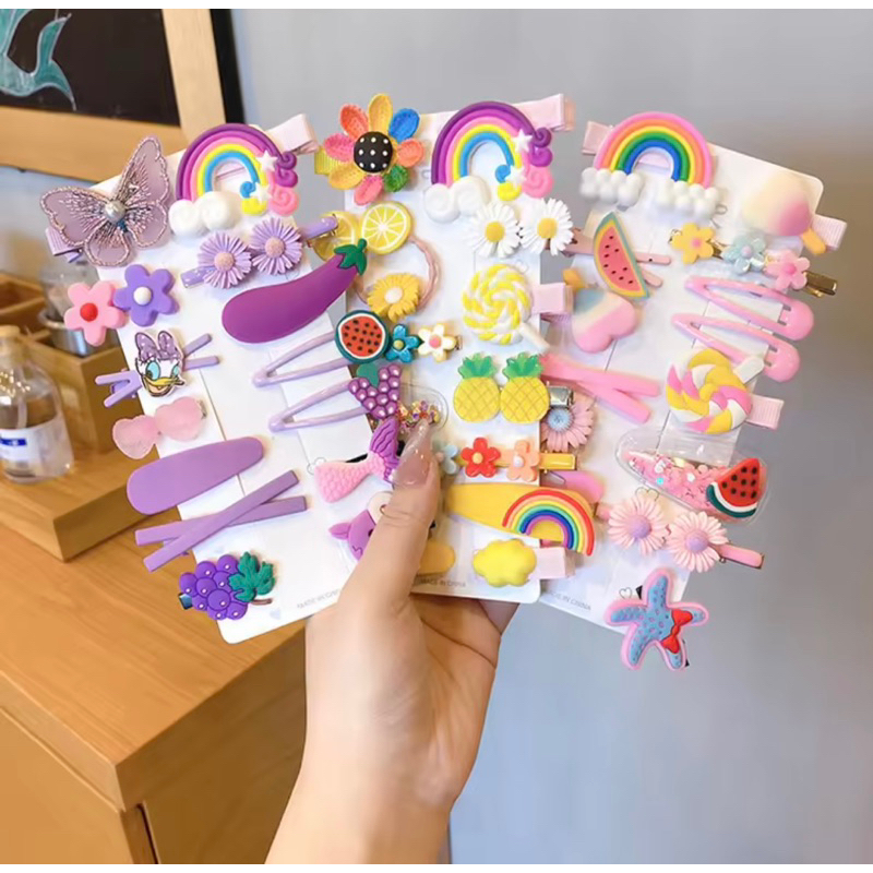 💥MUA 5 TẶNG 1💥Set 14 chiếc dễ thương tóc kẹp Set Bangs Kẹp tóc Hoa Trái cây Bé gái Barrettes Phụ kiệ
