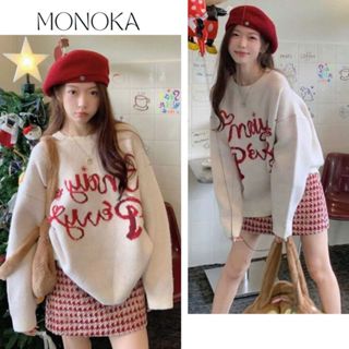 Set đồ nữ Áo sweater nỉ cổ tròn dài tay form rộng  chữ đỏ Perry Chân váy dạ ngắn kẻ đỏ mặc đi chơi Giáng Sinh Noel T806G