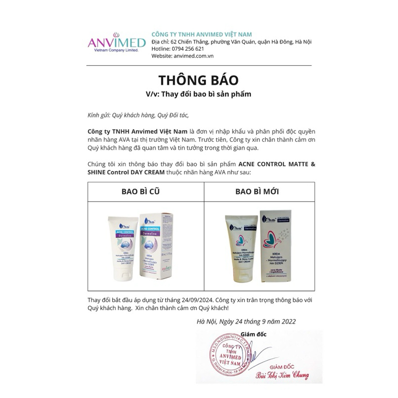 [DATE MỚI-CHÍNH HÃNG DA LIỄU] AVA ACNE CONTROL Matte & shine control day cream – Kem ngừa mụn, giảm thâm, giảm nhờn
