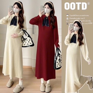 Váy suông đầm bầu MAMADRESS LEN TĂM thiết kế CỔ NƠ CHẤM BI xinh xắn tiểu thư V245 Váy Bầu Dài 120cm Women Nữ Đen Kem Voi