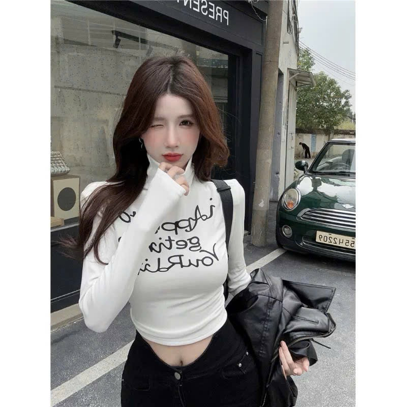 Áo thun kiểu croptop CỔ LỌ TAY DÀI  in chữ A GB đi chơi nhảy múa văn nghệ đi làm nữ - Thiên Yết