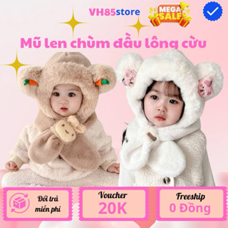 Mũ len chùm đầu lông cừu cho trẻ em, Nón lông tai gấu trùm đầu kèm khăn giữ ấm dễ thương