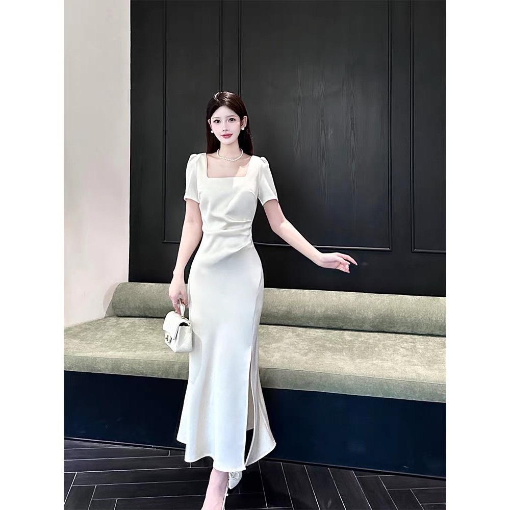 Đầm Lụa Trắng Cổ U Dáng Dài Nhún Eo Dự Tiệc TH232