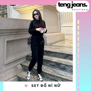 Bộ Nỉ Thu Đông Nữ Hàn Quốc Hình Thêu HL111, Set Thể Thao Nỉ Lót Lông Bo Chun Có Bigsize Tengjeans