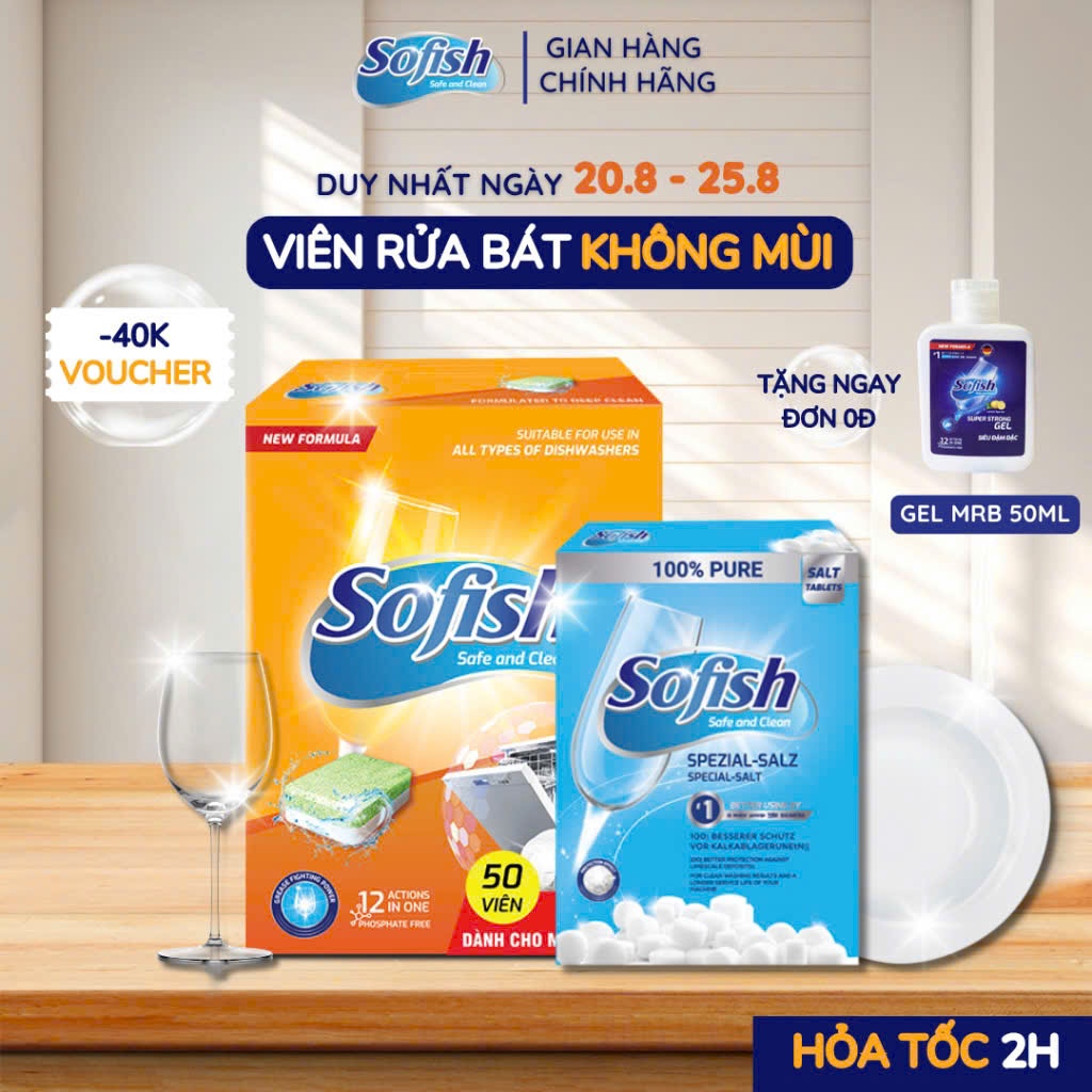 Viên Rửa Bát Sofish- Viên Rửa Máy Rửa Chén Hộp 50 Viên + Muối Sofish Làm Mềm Nước 1Kg Chuyên Dùng Cho Máy Rửa Bát