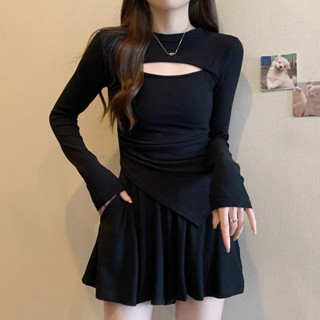  Áo thun dài tay cổ tròn thiết kế vạt nhọn khoét hở ngực dúm eo 1 bên A45 Top Nữ Sơ Mi Đen 