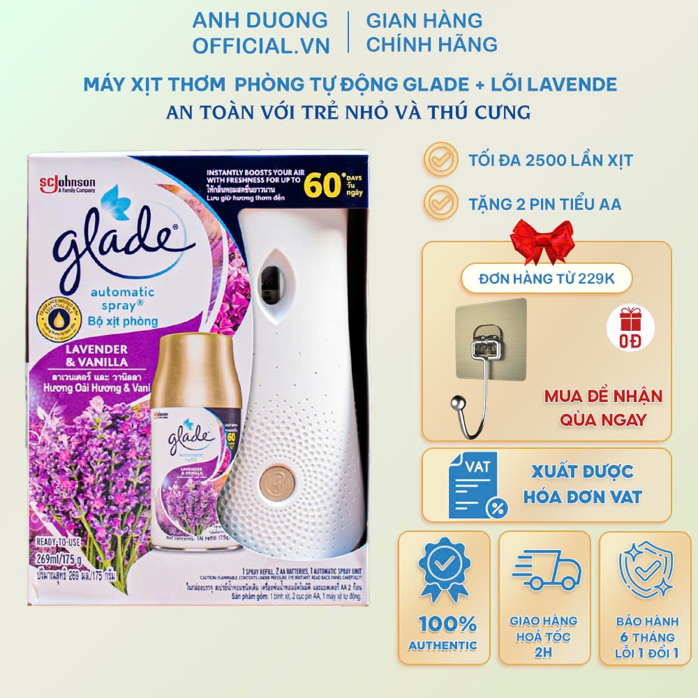 Máy Xịt Thơm Phòng Tự Động GLade Hương Lavender Vanilla , Lõi Xịt Thơm Phòng Tự Động Glade Thái Lan