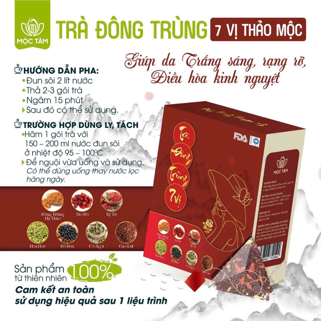Trà Đông Trùng Hạ Thảo Gạo Lứt 7 Vị Thảo Mộc Dưỡng Nhan, Cải Thiện Nội Tiết Tố, trắng da