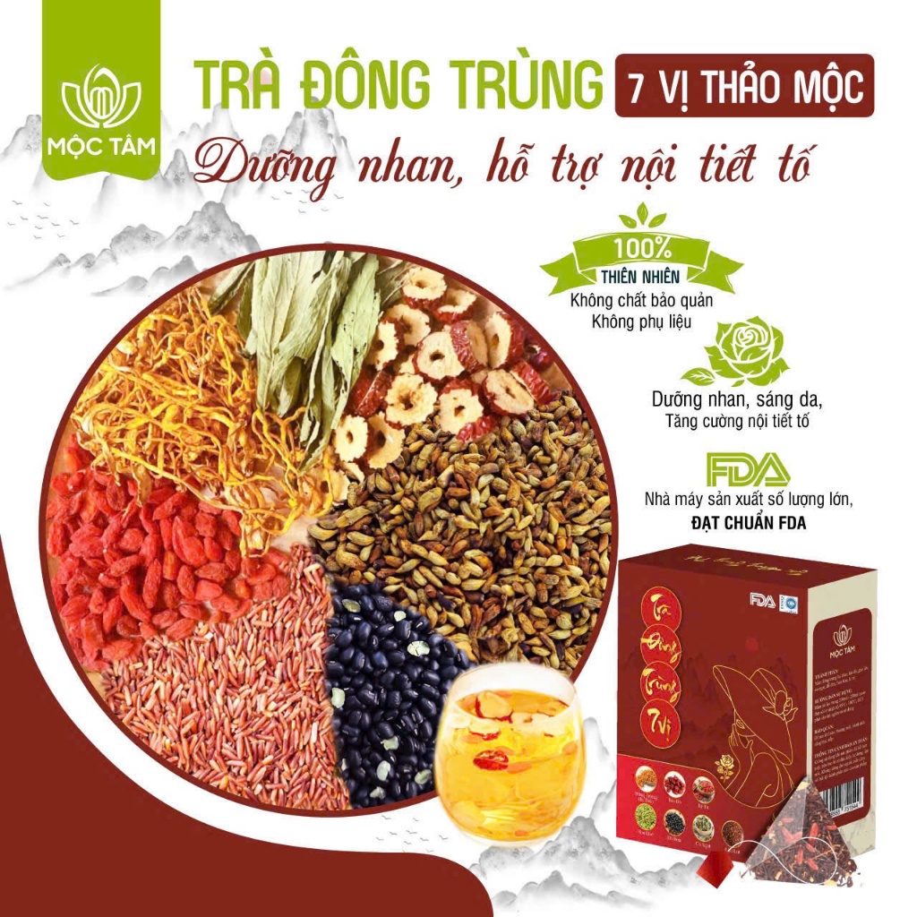 Trà Đông Trùng Hạ Thảo Gạo Lứt 7 Vị Thảo Mộc Dưỡng Nhan, Cải Thiện Nội Tiết Tố, trắng da