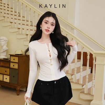 Áo thun KAYLIN tay dài phối nút kèm nơ chất vải cotton gân co giãn phong cách - N2383