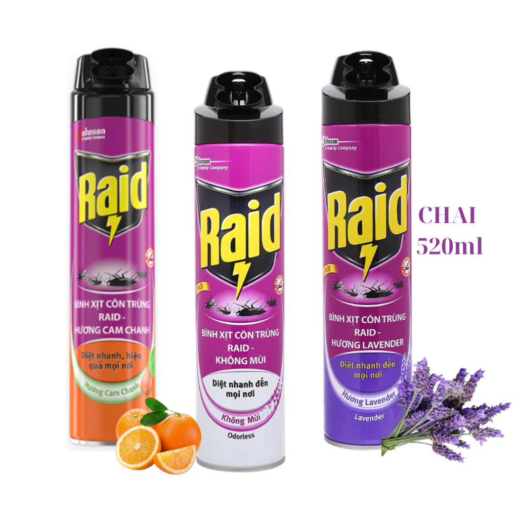 Xịt côn trùng Raid 520ml chai sịt đuổi ruồi muỗi raid hương cam chanh/ lavender/ không mùi