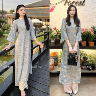  Áo dài cách tân Như Yên xanh ghi lụa tằm cao cấp họa tiết hoa viên sang trọng - Áo Dài Thanh Nhã 