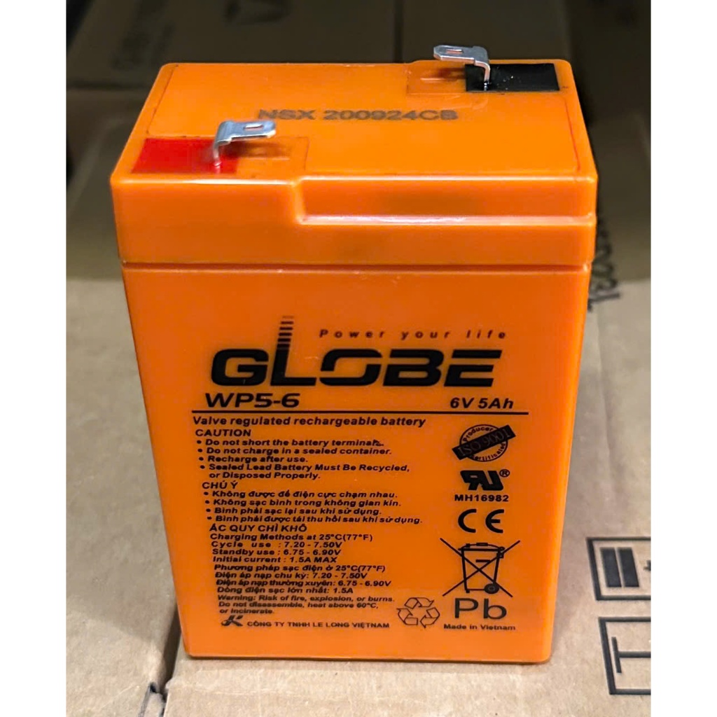 Bình Ắc quy Globe 6V 5Ah dùng cho cân điện tử- quạt sạc- đèn sự cố exit - Ắquy Globe WP5-6