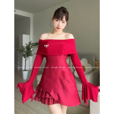 Kata Dress Wonderhouse Đầm trễ vai tay dài phối bèo chất vải dày dặn dự tiệc, dạo phố sang trọng