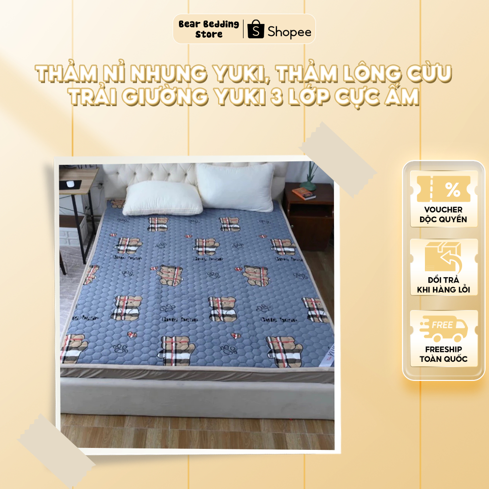 Thảm nỉ nhung YUKI, thảm lông cừu trải giường YUKI 3 lớp cực ấm, đủ kích thước - Bear Bedding Store