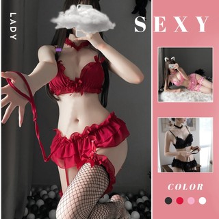 Đồ ngủ Cosplay Hầu gái phối Nơ siêu xinh, Set Đồ lót nữ Gợi cảm nối đai Garter kèm Choker đùi gợi cảm DN84