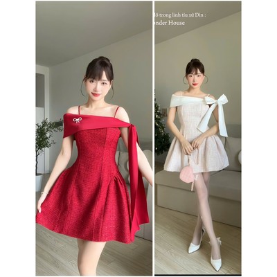 Mina Dress Wonderhouse Đầm trễ vai nơ chất vải dạ tweed dày dặn dư tiệc, dạo phố sang trọng
