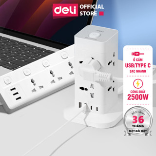 Ổ cắm điện đa năng Deli Công Suất 2500W - Tích Hợp Ổ USB & Type C Thiết Kế Cầu Chì Tự Ngắt Khi Quá Tải, Nắp Chống Giật