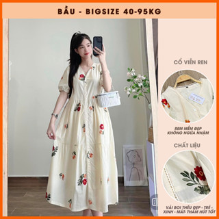 Đầm bigsize thêu hoa viền ren Váy bầu xinh dáng baby doll 2 tầng dài shop OanhLTK(40-95kg )