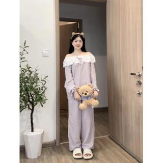 (KÈM CHARMS)  Bộ đồ ngủ nữ đũi xốp cotton họa tiết viền ren dáng dài form rộng 5 màu pastel Kozoda BN14
