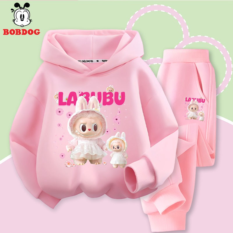 Bộ nỉ bé gái LABUBU bộ quần áo thu đông áo hoodie quần nỉ da cá ấm áp in hình LABUBU cute HX-KS54